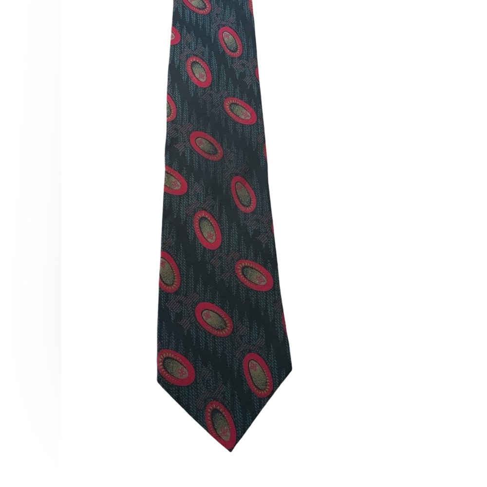 Retro designs studio vintage silk tie, black with red oval design. EUC